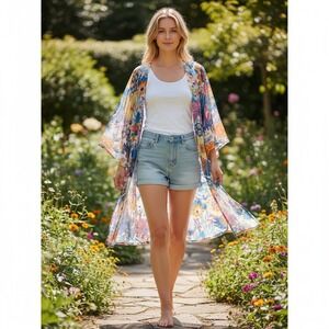 Relipop Floral Kimono Cardigan Multi Color Open Front Sheer Cover Up Large